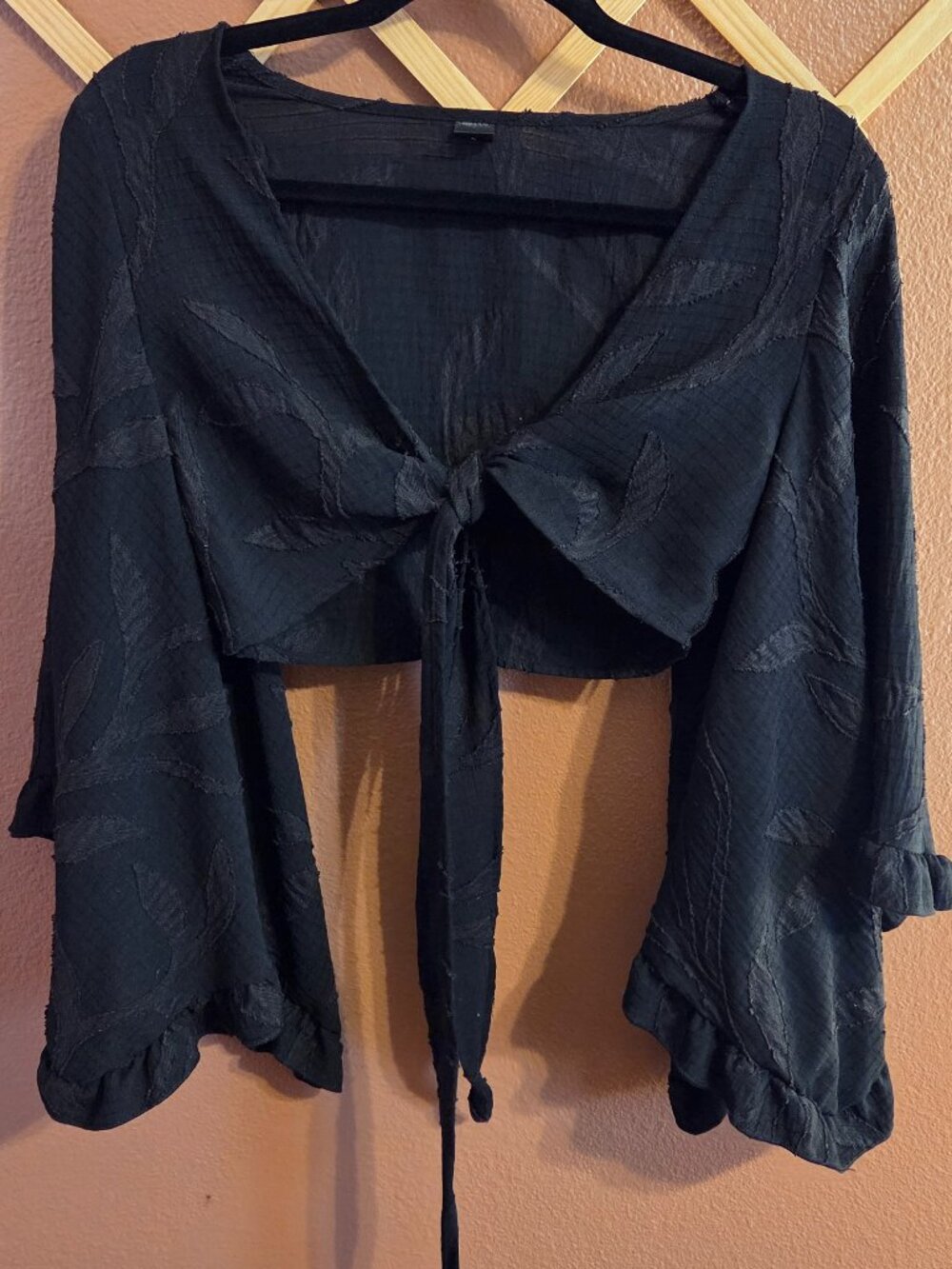 Black Textured Wrap Crop Top Oversized Bow Bell Sleeve Boho Romantic